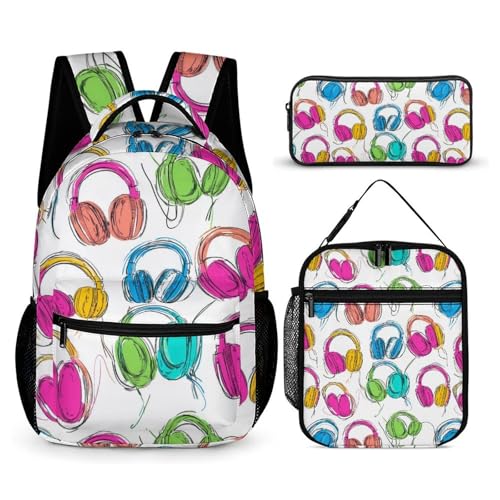 Colorful Headphone Pattern Cute Backpacks Set Lightweight Lunch Bag Aesthetic Pencil Cases for Travel Work