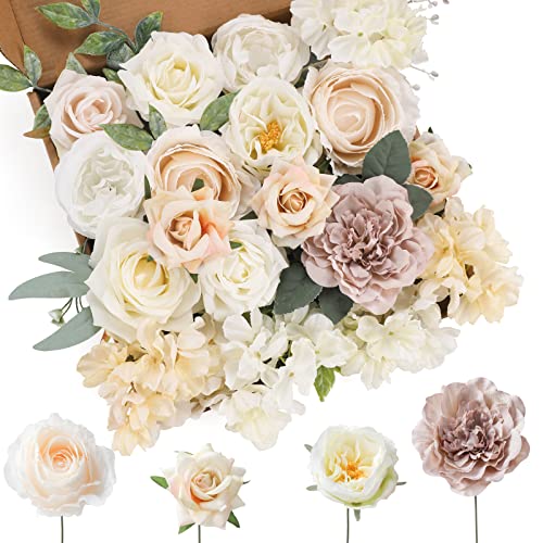 Floweroyal Artificial Flowers Combo White Flowers Mix Silk Flowers Dahlia Roses with Stems for DIY Wedding Bridal Bouquets, Baby Shower, Floral Arrangement, Table Centerpieces, Home Decorations.