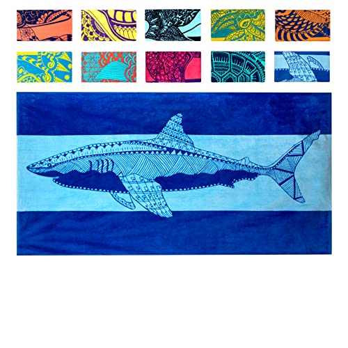 Nova Blue Shark Beach Towel Blue with A Tropical Design Extra Large XL (34x 63) Cool Hawaiian Navy Beach Towel with Light Blue Stripe Made from 100% Cotton