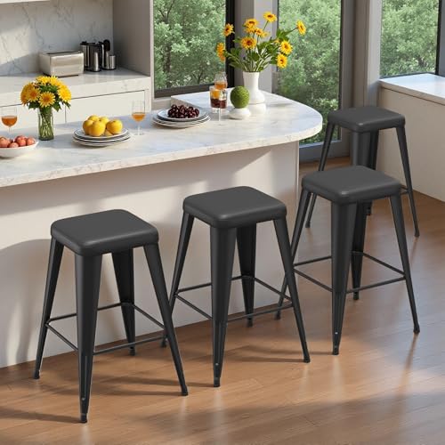Set de 4 Butacos de Bar sin Respaldo, Tapizados en Cuero Sintético con Patas de Metal,altura de 26 Pulgadas, Color Negro miniatura 1
