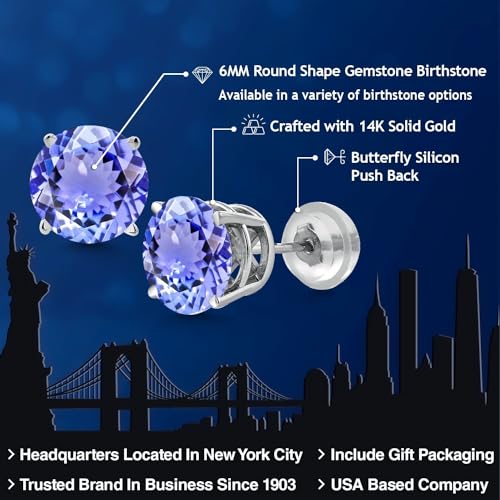 Gem Stone King 14K White Gold Natural Genuine Blue Tanzanite Stud Earrings For Women Men (1.80 Cttw, Gemstone Birthstone, Round 6MM)2