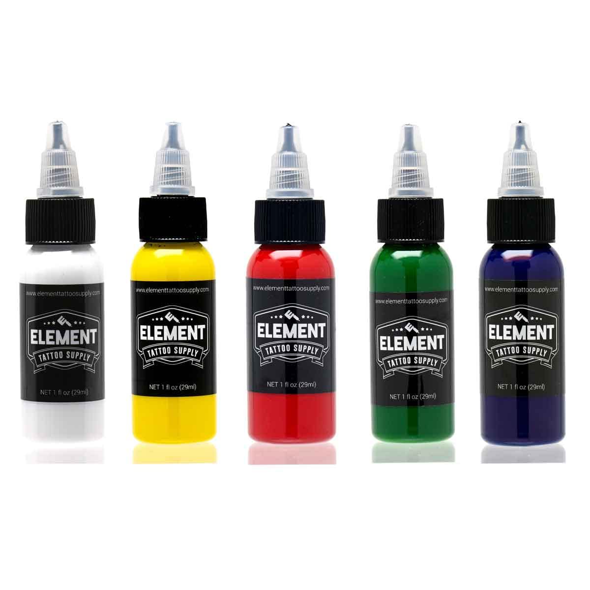 Color Tattoo Ink Set - 5 Colors - White - Yellow - Red - Green - Blue - Tattooing and Shading - Permanent - Bright - Bold - Solid - Professional Artist - 1oz Bottles