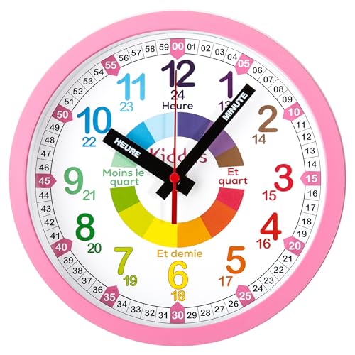 Kiddus Horloge Murale Enfant pour Apprendre l'Heure, Horloge Apprentissage Grande 20cm avec Aiguilles Inscrites Heure et Minute, Décoration Chambre Fille et...