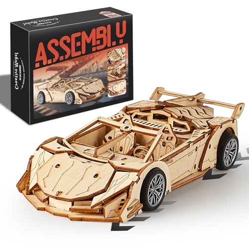 MOCBURIKU 3D Wooden Puzzles for Adults Roadster, Mechanical Wood Sport Car Model Kits for Adult to Build, DIY Assembly Building Toys with Pull Back Function, 119pcs Wood Craft Hobby Gift for Men Teens