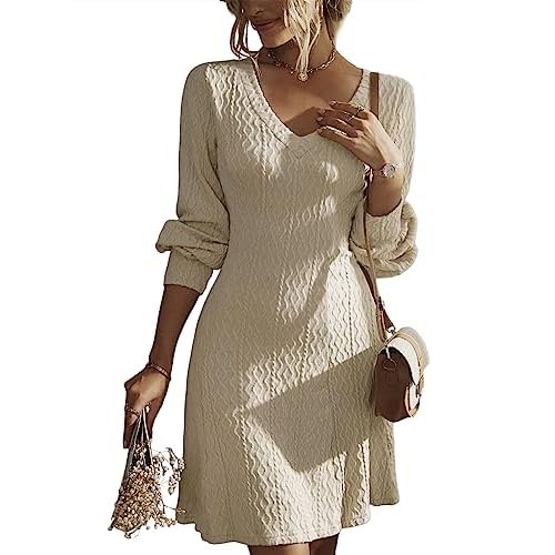 Dokotoo Work Dresses for Women 2024 Trendy Fall Dresses V Neck Knit A Line Long Sleeve Dress Sweater Dress