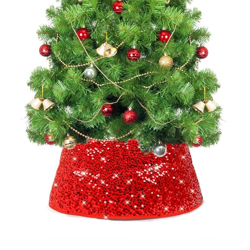 LACGO Christmas Tree Collar Skirt, Glitter Sequins Xmas Tree Base Collar for Christmas Decor Glitter Rustic Christmas Tree Stand Cover Ring for Winter Holiday Party Christmas Supply, 60cm/24inch (Red)