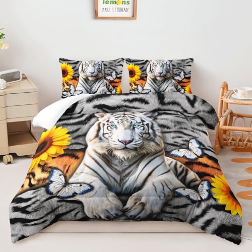 AILONEN Tiger Comforter Set Queen Size, 3 Pieces White Tiger Fur Printed Bedding Set for Kids Boys,Sunflower Tiger Quilt Set,Butterfly Tiger Comforter with 2 Pillowcases