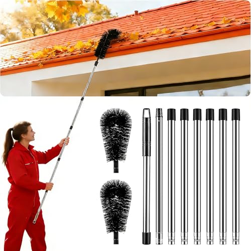 Kinetallum 10.5 FT Gutter Cleaning Tools from The Ground with 2Pcs Nylon Brush Stainless Steel Telescopic Pole Adjustable Gutter Cleaner Tools No Ladder Needed for Easy Remove Branches Leaves