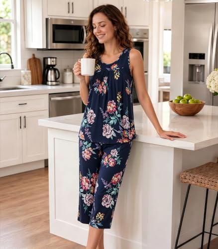 Image of NACHILA Pajamas for Women-Viscose Made from Bamboo, Sleeveless Pjs Tank Top Capri Pants Pajama Sets Cooling Sleepwear