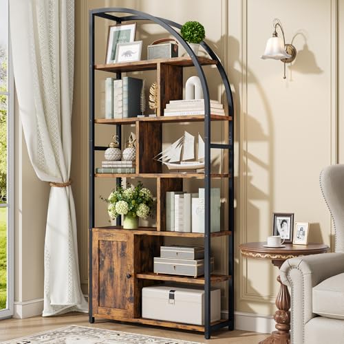 Image of Jehiatek 71 inch Arc Gold Bookshelf with Storage Cabinet, Tall 6 Tiers Industrial Bookcase with Sturdy Metal Frame, Geometric Book Shelf for Lving Room, Home Office, Black and Brown