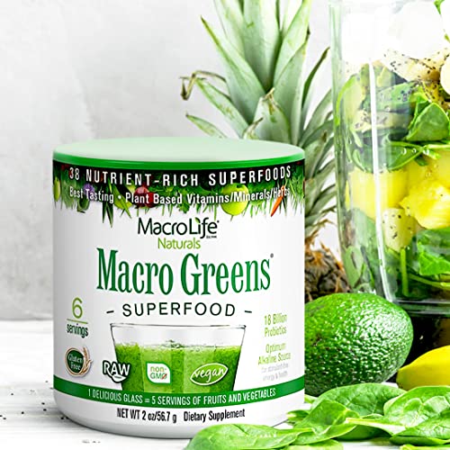 Macrolife Naturals Macro Greens Powder 38 Superfood Probiotic Antioxidant Enzyme & Herbal Supplement Immunity Energy Cleanse - Non-Gmo Vegan Gluten-Free Dairy-Free - 2 Oz (6 Servings) #TOP4
