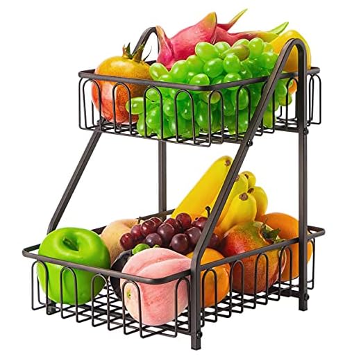 Estante de frutas Frutero de 2 Pisos Cesta de Frutas metálica para mostrador y Organizador Cocina Cesta Bronce