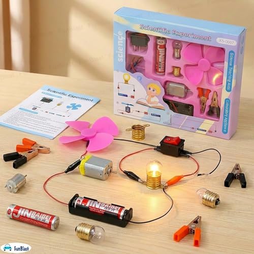 Image of FunBlast Science Experiment Kit - Science Kit for Kids, STEM Learning Kit, DIY Science Kit for Students & School Projects, Electric Circuit Kit for Students with Motor Fan Toy (Pink-)