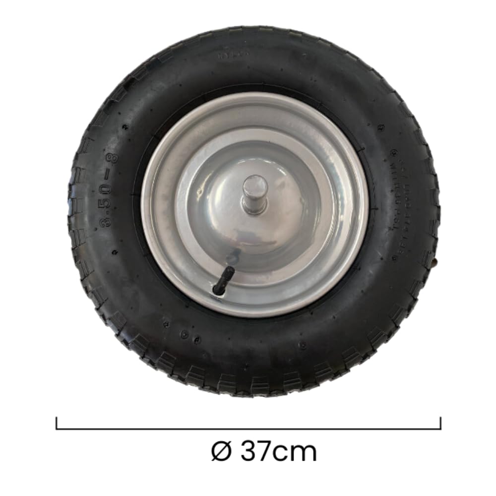 Keroppa, Rueda Neumática para Carretilla, Eje 27 cm, Rueda para Carretilla de Obra, Caucho, Diámetro de 37 cm, Con Llanta y Eje Metálico, Resistente, Duradera, Negro
