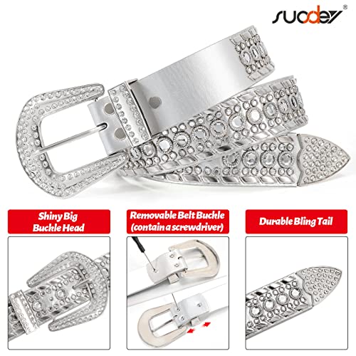 SUOSDEY Rhinestone Belt Men Women Western Bling Cowboy Studded Leather Belt Silver Shiny Buckle Belt for Jeans Pants4