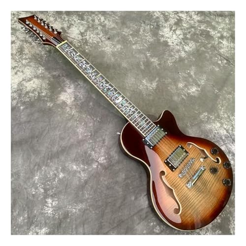 アップグレード 12弦エレキギター セミホローボディ フレーム メープルトップ 39インチ ギター ステンレススチール フレット クローム アルニコ ハムバッカー ピックアップ (イエロー・サンバースト)