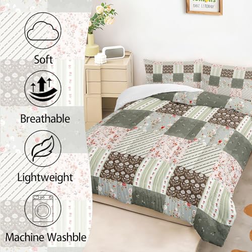 Image of AILONEN Green Brown Patchwork Comforter Set Full Size, Plaid Floral Striped Bedding with 2 Pillowcases for Girls Women 3Pcs