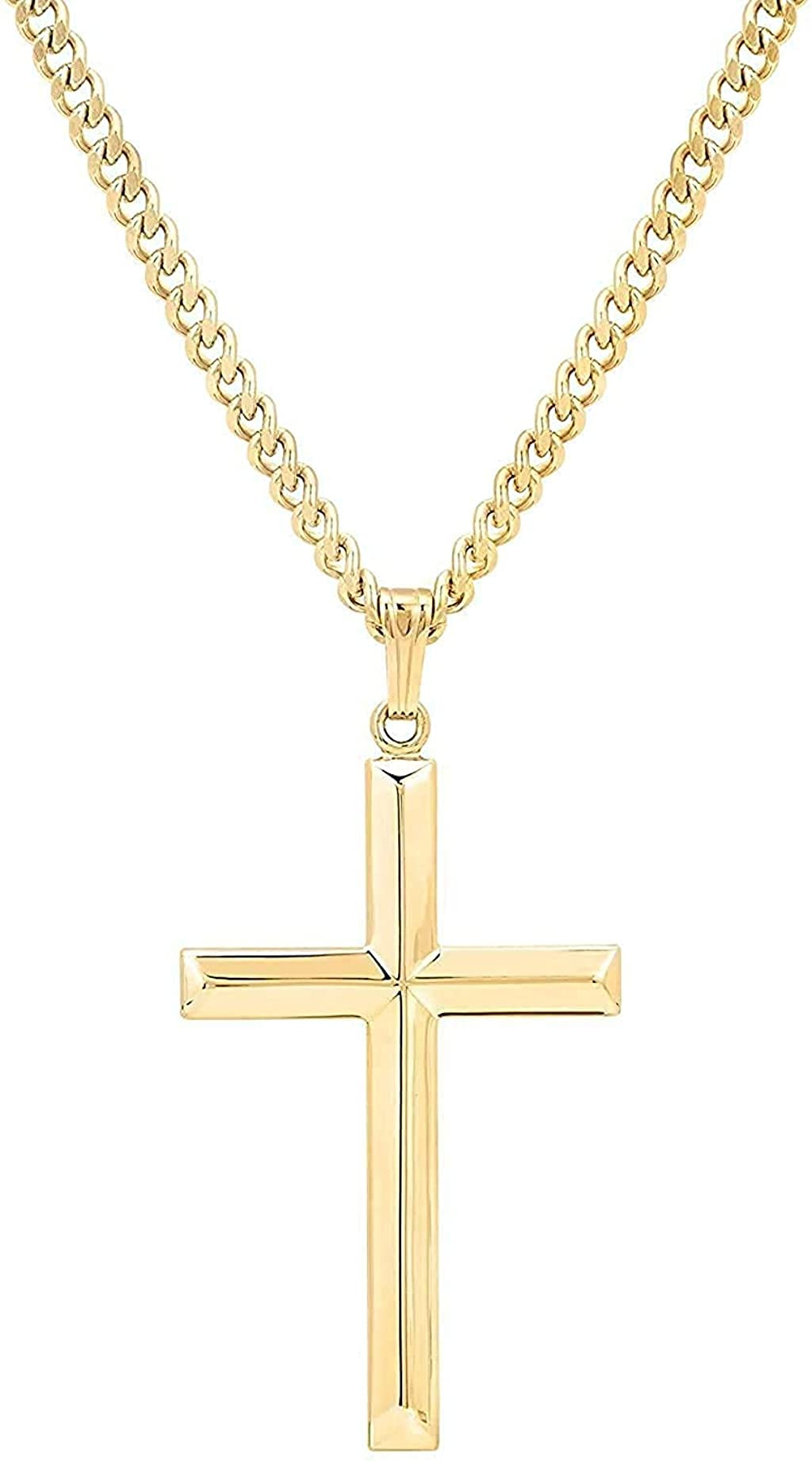 Dubai Collections24K Gold Chain Style Cross Pendant Necklace Solid plated Clasp for Men,Women,Teens Thin Charms Miami Cuban Link Diamond Cut Religious Beveled Edge