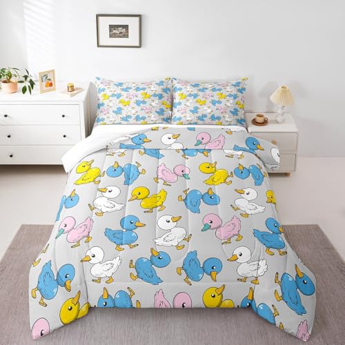 Erosebridal Cartoon Duck Bedding Set For Kids Boys Girls,Lovely Yellow Duck Comforter Set,Cute Hand Drawn Goose Duvet Insert,Lovely Farmhouse Animal Down Comforter With 2 Pillow Shams,Queen thumb #5
