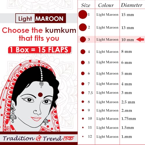 Image of PERPAA Premium Velvet Sticker Kumkum Bindi Box of 15 Flaps - Pottu for Women,Ladies, Girls (Size 3, Diameter 10mm, Light Maroon)
