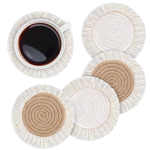 Whaline 4 Pack Boho Beige Coaster Handmade Crochet...
