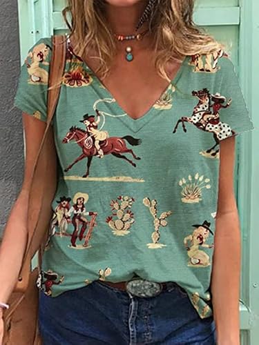 Womens Short Sleeve Western Shirts Vintage Cowgirl Horse Print V Neck T Shirt Causal Loose Fit Desert Cactus Pattern Tops(Ghorse,3Xl) #TOP1