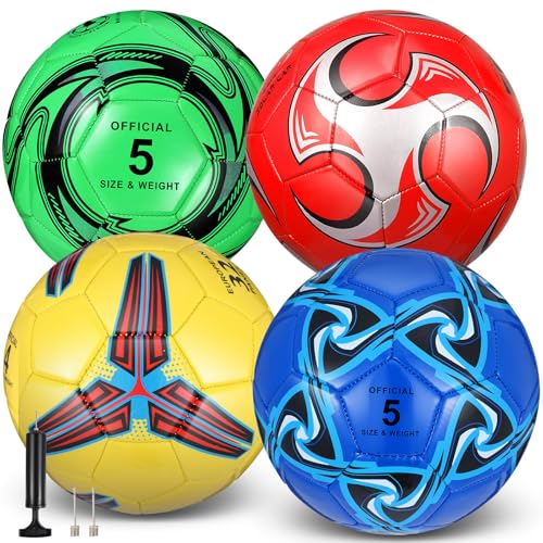 Tradder 4 Pack Soccer Ball with Pump Size 3 4 5 Deflated Soccer Ball for Outdoor Indoor Game Sport Practice Training Gift for Kid Youth Teen Adult Charity Donation(Colorful Style,Size 5)