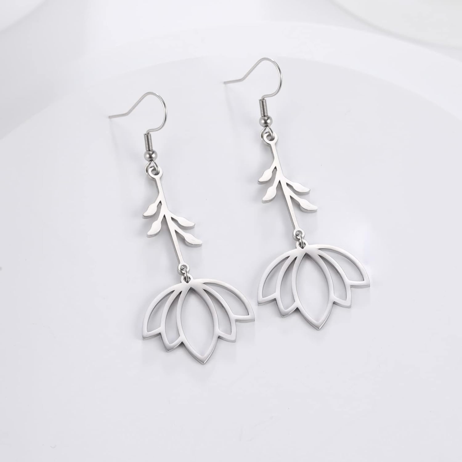 TEAMER Stainless Steel Lotus Flower Dangle Earrings Bohemian Drop Earring Unique Geometric Jewelry for Women - Image 8