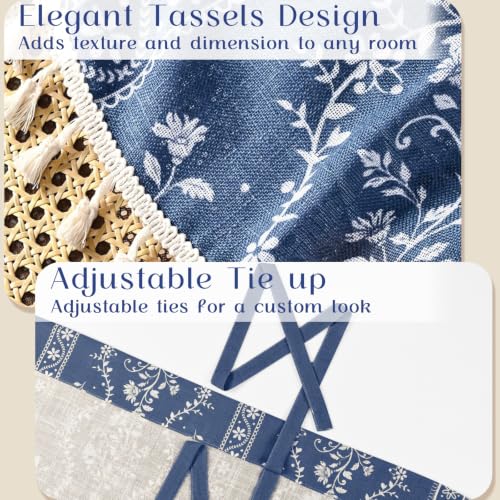 Image of Yinhua Boho Tie Up Curtains for Windows Vintage Linen Valance Light Filtering Floral Valance Rod Pocket Rustic Adjustable Tassel Window Valances for Bathroom, 42 inch W X 45 inch L, Blue