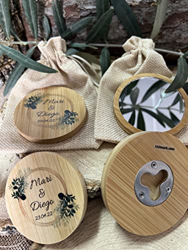 Uvimark - Detalles de Boda - Detalles Primera Comunión - Detalles Bautizos - Pack de 25 abridores posavasos y 25 espejos de bambú personalizados, en bolsitas individuales - Regalos Personalizados