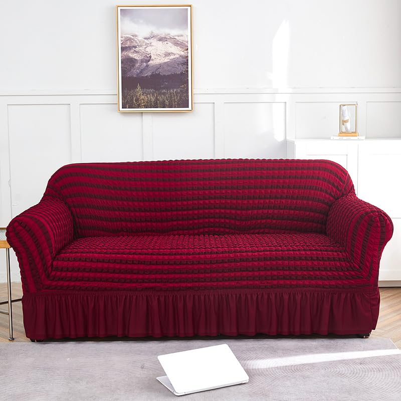 Housse de canapé extensible 1 place rouge kaki avec jupe