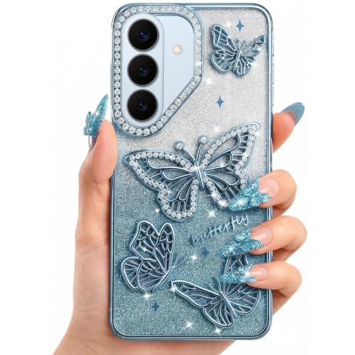 Image of Elzzi Electroplated Butterfly Phone Cover for Samsung S26 Plus Case, Showcasing Pearlescent Diamond Soft TPU, Camera Protection, Shockproof, Dropresistant Stylish for Girls & Women (Sierra Blue)