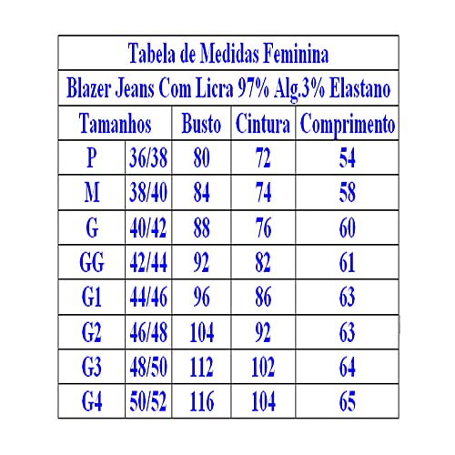 Blazer Feminino Jeans Com Licra Slim Fit Super Lindo Azul Escuro Liso (G1, Azul Escuro Liso)