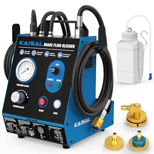 KAISAL Auto Bremsentlüftungsgerät, Puls-Automatik-Bremsentlüftungsset, Elektrischer Bremsflüssigkeitswechsler, 0.5–2.5 Bar Druck einstellbar, Ölmangelsicherung, 3 Hauptbremszylinderadapter