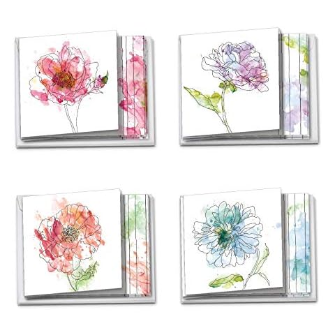 Basic Blooms - 12 Blank Watercolor Flower Note Cards with Envelopes (4 x 5.12 Inch) - Assorted All Occasion Floral Greetings - Colorful Boxed Notecard Set (3 Each, 4 Designs) MQ4627OCB-B3x4 Cover
