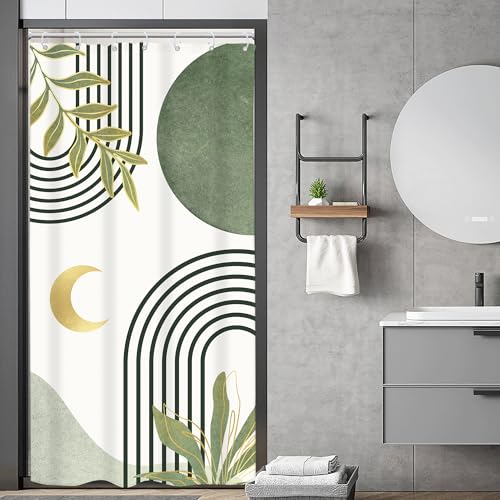 Image of Riyidecor Small Stall Sage Green Boho Shower Curtain RV Single Half Size Mid Century Abstract Modern Geometric Simple 36Wx72H Inch Arch Leaves Fabric Decor Bathroom Polyester Waterproof Hooks