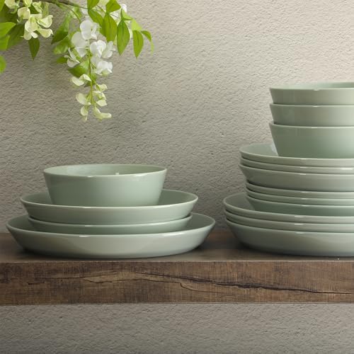 Image of Gibson Home Summer Shades 16 Piece Plates and Bowls Dishes Service for 4 Porcelain Dinnerware Set - Green