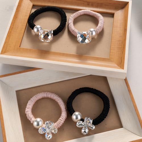 YYHTYZ 4 Pieces Premium Hair Ties Pearl Rhinestone Embellished Scrunchies with Flower Cat Designs High Elastic No Damage Ponytail Holders with Color-Shifting Crystals (rhinestone black&champagne pink) - Image 7