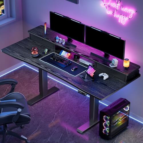 Image of Veken 47.2 inchx27.6 inch Standing Desk with Storage Drawers, Adjustable Height Computer Table with Monitor Shelf, Home Office Desk for Study, Gaming, Workstation, Black