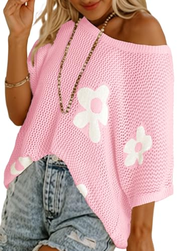 Image of Dokotoo Womens Floral Fashion Summer Tops 2026 Short Sleeve Crochet Sweaters Swimsuit Cover Ups Lightweight Knit Pullover