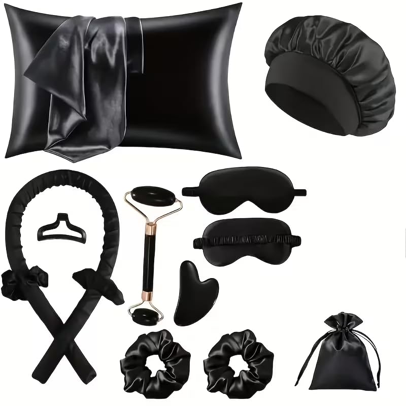 12pc Sleep & Hairstyling Set with Satin Cap, Mask & Facial Roller BLACK