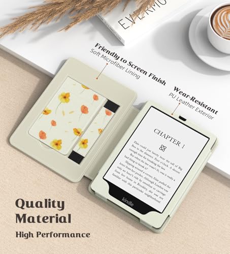 Image of MoKo Case for 7 inch /6.8 inch Kindle Paperwhite(12th /11th Generation-2024 /2021) and Kindle Colorsoft Signature Edition,Slim PU Shell Cover Case with Auto-Wake /Sleep for Kindle Paperwhite 2024,Flowers on White