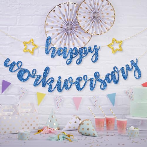 Image of Happy Workiversary Banner Work Anniversary Decorations Work Office Party Decoration Supplies Blue Glitter