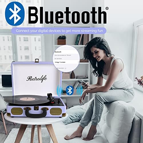 Retrolife® Record Player 3-Speed Suitcase Portable Belt-Driven Vinyl Record Players with Built-in Speakers Wireless Playback RCA Line Out AUX in Headphone Jack Vintage Turntable, Purple