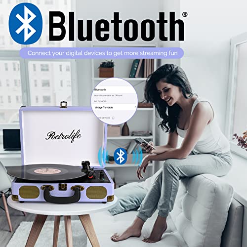 Image of Vinyl Record Player 3-Speed Bluetooth Suitcase Portable Belt-Driven Record Player with Built-in Speakers RCA Line Out AUX in Headphone Jack Vintage Turntable Purple