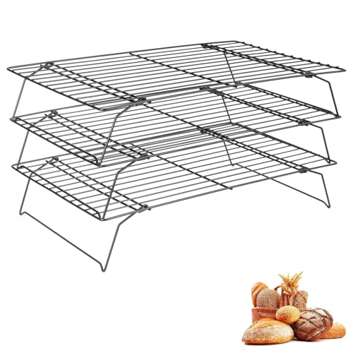 Rejilla Horno de Enfriamiento,Pack de 3 Rejillas de Enfriamiento Apilables, 40 x 25 cm, Rejillas de Enfriamiento de Acero Inoxidable, para Pasteles, Tartas Recién Horneadas, Magdalenas, Color Negro