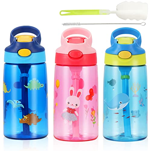 SUPPRUI Botellas de agua para niños con popote para la escuela, botella de agua de 16.7 fl oz, sin BPA, botella a prueba de fugas para niños y niñas (conejo rosa)