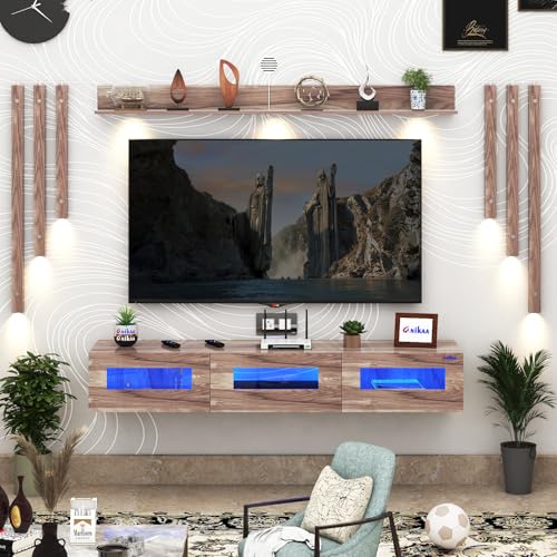 Image of Anikaa RayzaNote Engineered Wood Wall Mount TV Unit Acrylic Blue LED Storage Box, Side Wooden Accent Spot Light I Deal for Up to 50 Inch TV Coachwood - DIY Installation