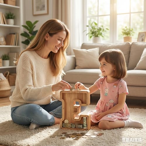 Image of UBeesize Large Piggy Banks for Boys Girls,Twenty-Six English Alphabet,Wooden Personalized Bills and Coins Bank Money Bank,DIY Name Birthday Gift,Bedroom Living Room Decoration(E)