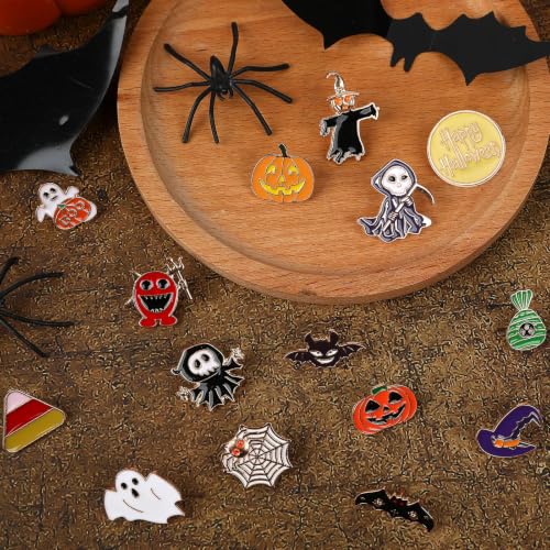 Image of SANNIX 60Pcs Halloween Pins, Halloween Enamel Lapel Pins Assorted Pumpkin Ghost Bat Spider Skeleton Brooch Pins for Clothes Bags Hats Accessories, 30 Styles